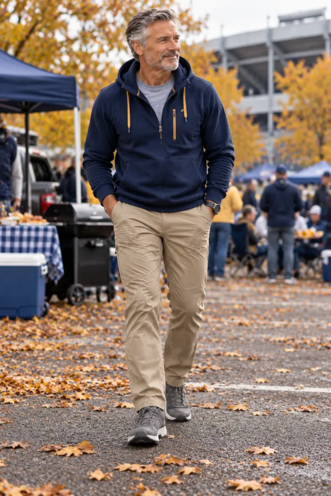 photograph of a 56-year-old man with short gray hair wearing a navy team hoodie with small gold accents over a visible light gray T-shirt,