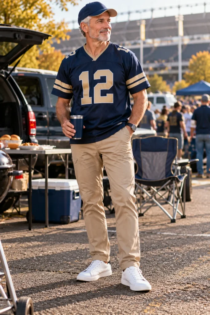 photograph for a Pinterest article about men's tailgating outfits over 50. Show a stylish 57-year-old man with short silver hair and a neatly trimmed gray beard standing at an outdoor American football tailgate party