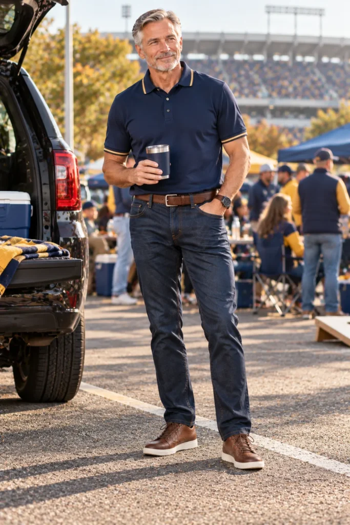photograph featuring a well-dressed 60-year-old man with salt-and-pepper hair wearing a navy team polo shirt with small gold-colored trim