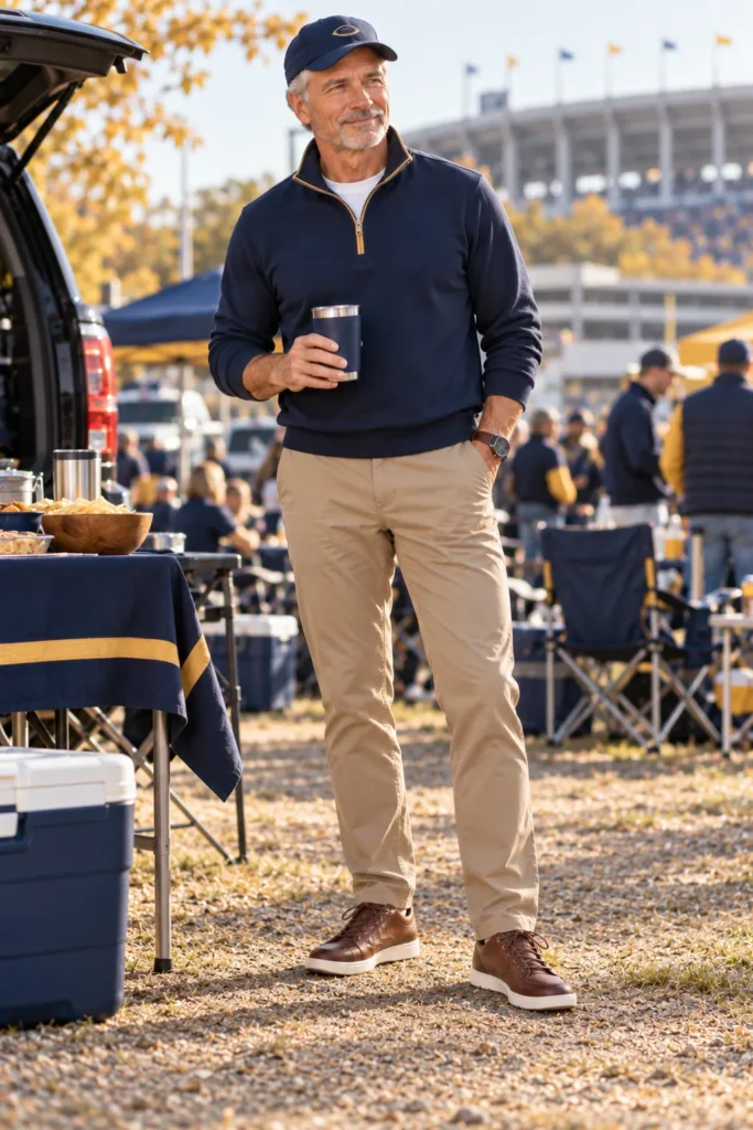 photograph of a 62-year-old man with neatly styled silver hair wearing a navy quarter-zip pullover with understated gold trim