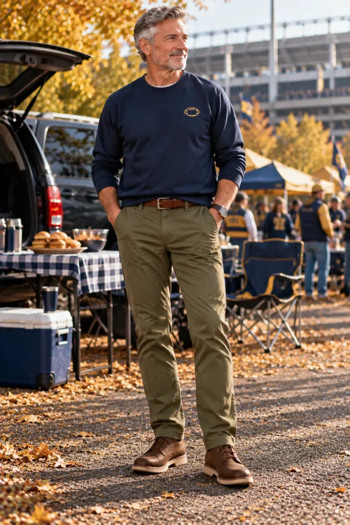photorealistic men's fashion image of a 59-year-old man with salt-and-pepper hair wearing a navy crewneck sweatshirt with a small gold generic sports emblem