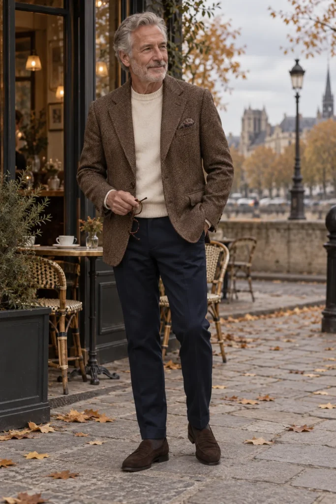 photograph of a mature man around 60 wearing a rich medium-brown textured wool blazer with a subtle herringbone weave