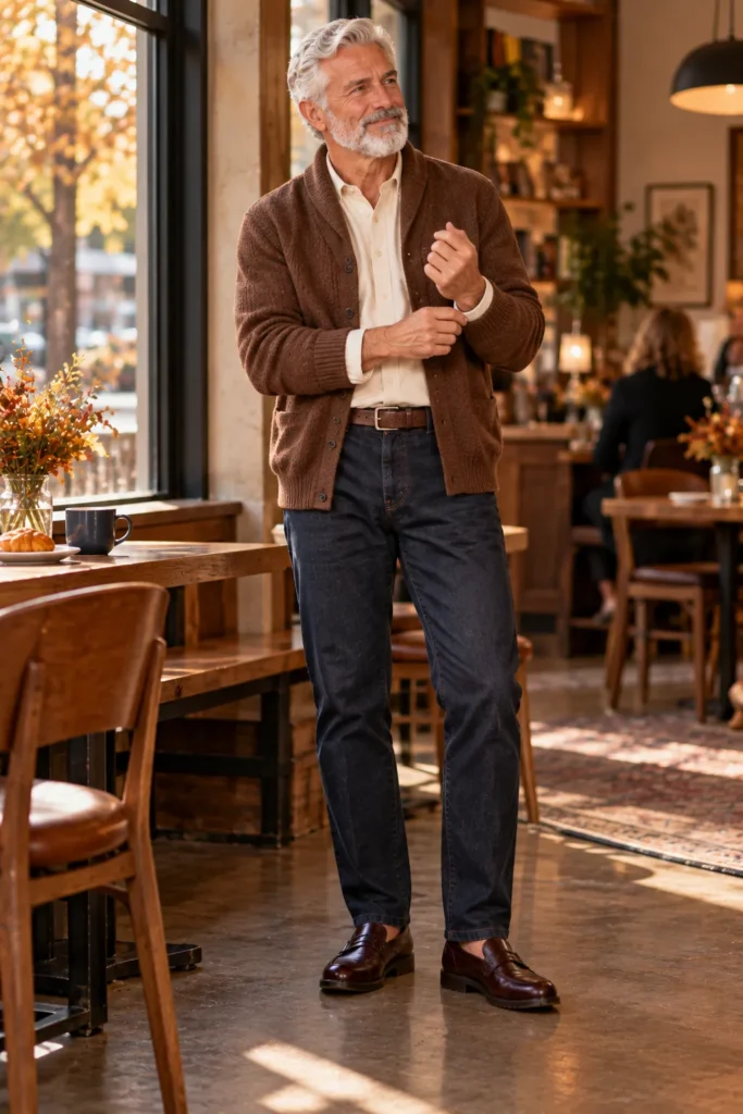 photograph featuring a different 62-year-old man with short white-gray hair and a neatly trimmed gray beard wearing a textured medium-brown cardigan over a clean cream button-down shirt