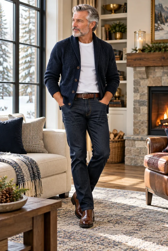  photograph featuring a stylish 58-year-old man with short salt-and-pepper hair and a neatly trimmed gray beard