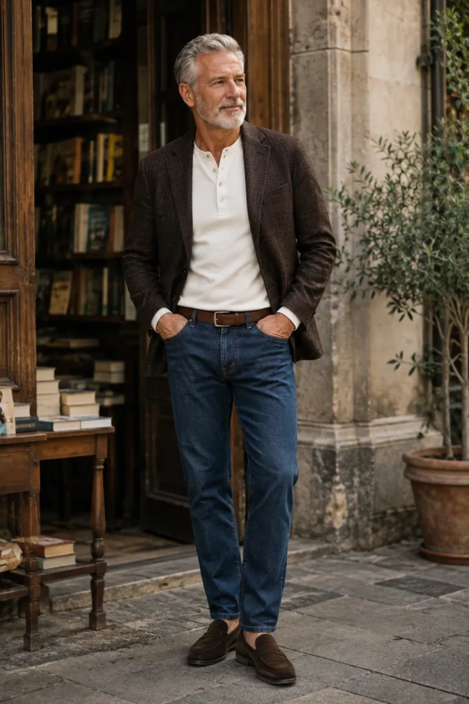 photograph featuring a confident 64-year-old man with short silver hair, neatly groomed gray beard, natural broad shoulders