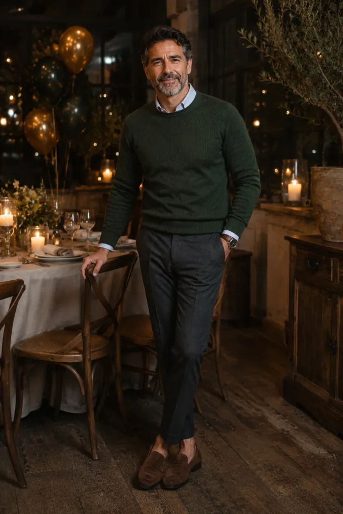 photo of a stylish man around 50 at a cozy birthday dinner. He wears a textured forest-green fine-knit sweater layered over a pale blue Oxford shirt