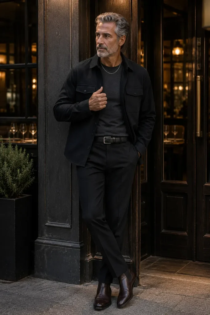 photograph of a stylish 58-year-old man with neatly styled salt-and-pepper hair