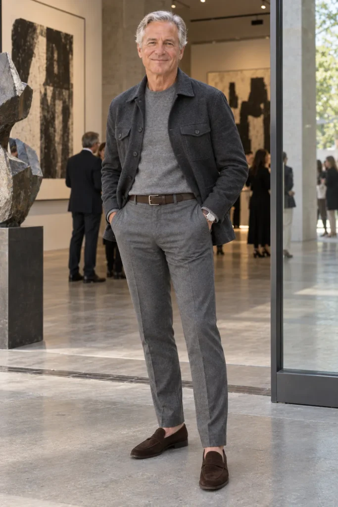 photograph of a distinguished 62-year-old man with silver hair wearing a layered monochromatic grey outfit consisting of a charcoal wool overshirt jacket