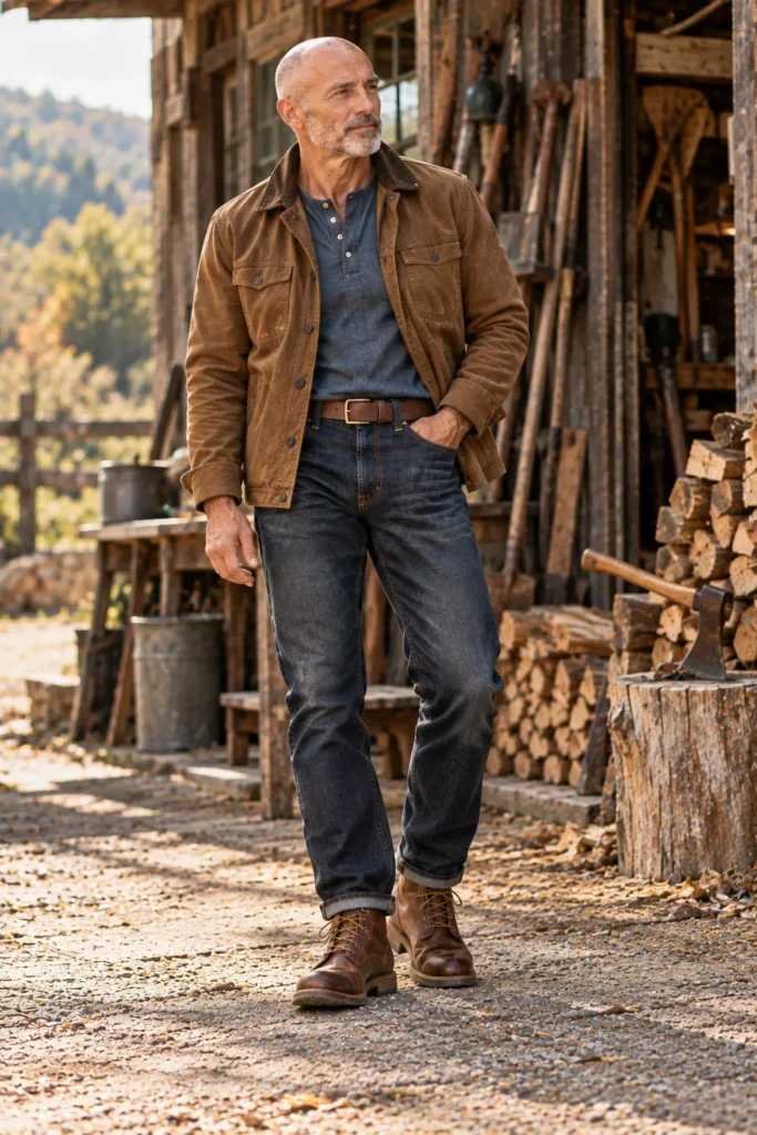 photograph featuring a rugged 60-year-old bald man with a neatly trimmed salt-and-pepper beard