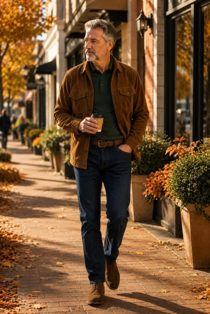 photograph of a stylish 60-year-old man wearing a tobacco-brown corduroy overshirt over a forest-green long-sleeve knit polo