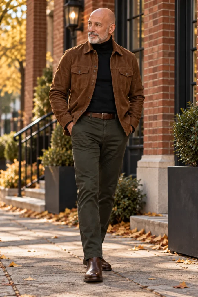 photograph featuring a 59-year-old bald man with a neatly groomed salt-and-pepper beard wearing a tobacco brown suede overshirt over a fitted black turtleneck