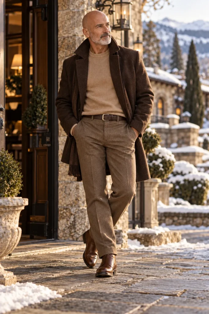 photograph of a sophisticated 60-year-old bald man with a neatly trimmed gray beard wearing a dark brown wool coat over a light camel sweater