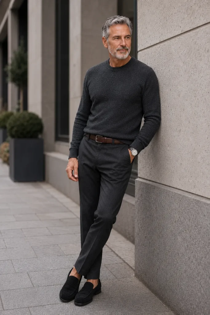 photograph featuring a distinguished 60-year-old mature man with short silver-gray hair and a neatly trimmed beard, wearing a charcoal textured knit sweater