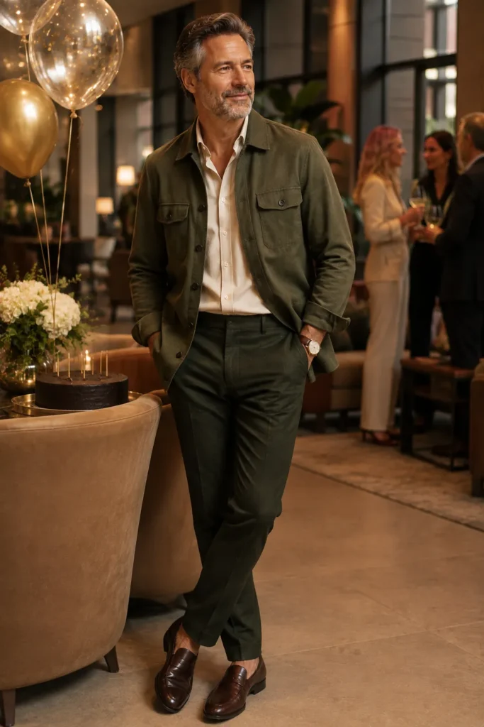 photograph of a fashionable man around 50 at a sophisticated birthday celebration