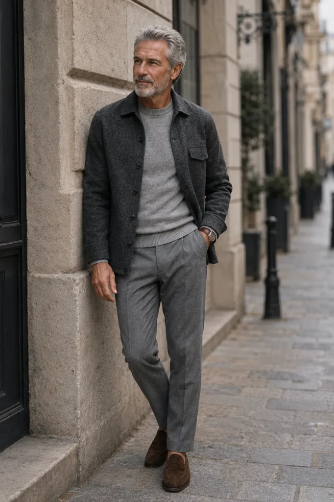 photograph featuring a stylish 64-year-old mature man with short silver hair and a neatly trimmed gray beard