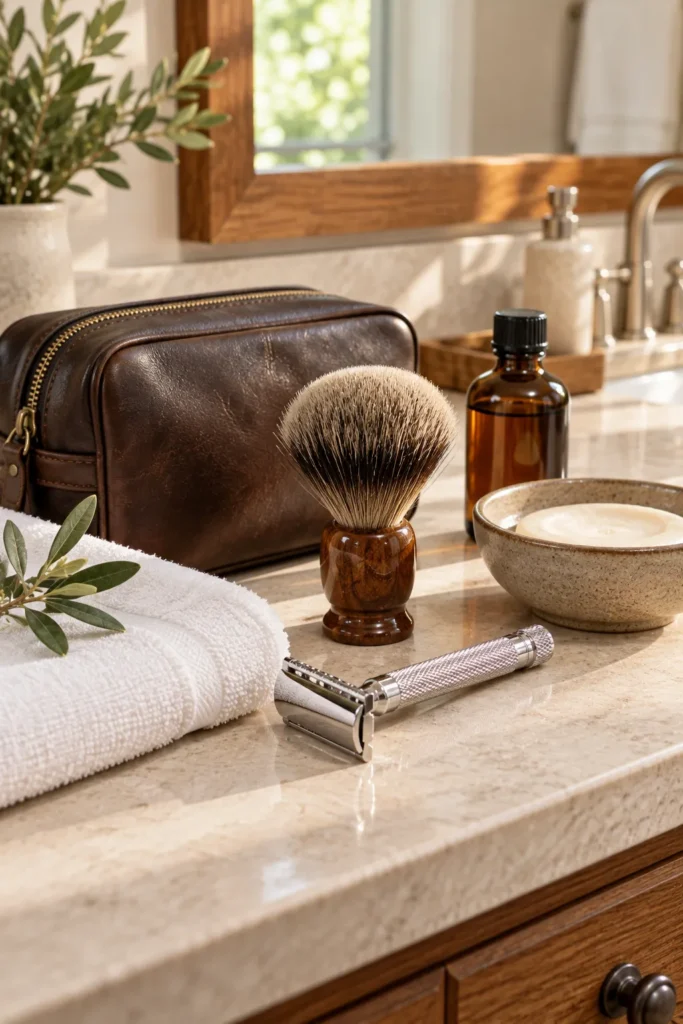 photograph of a traditional men's shaving kit arranged on a light stone bathroom counter. 