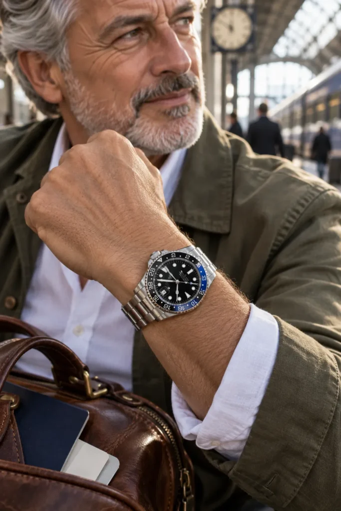 photograph featuring a sophisticated GMT watch prominently on the wrist of a mature man around 62