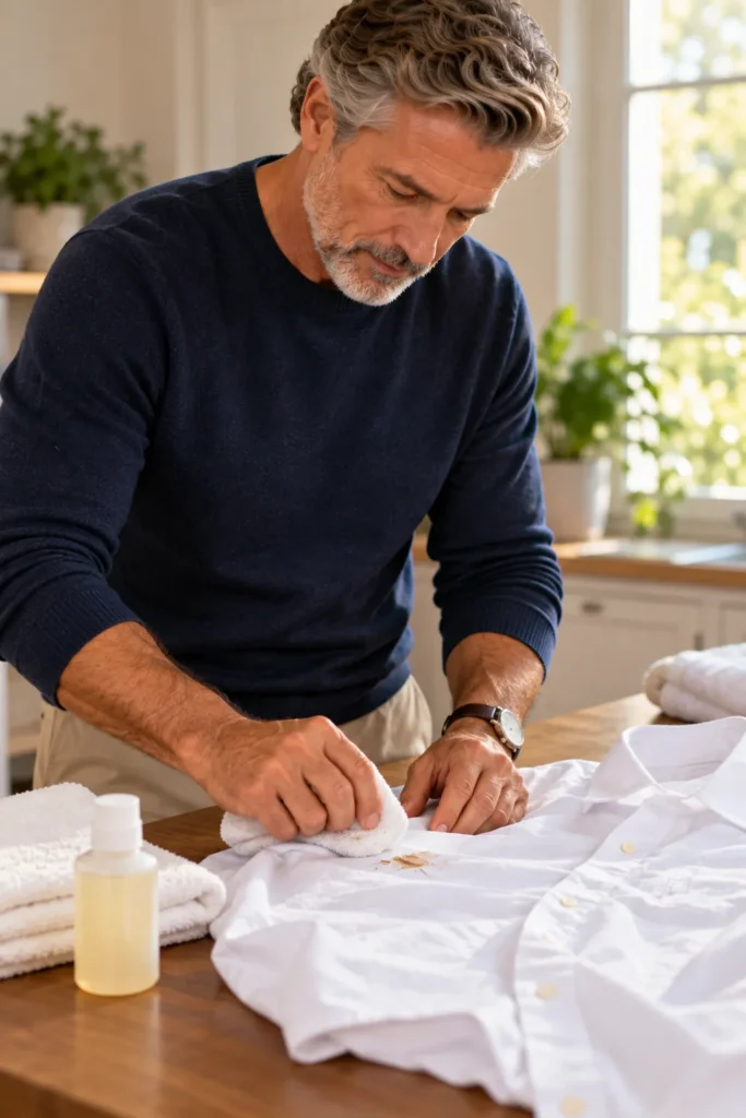 photograph of a mature 58-year-old man with short gray hair and a neatly trimmed beard treating a small fresh stain