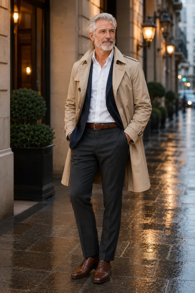 photograph featuring a distinguished 62-year-old mature man with short silver hair and neatly trimmed gray beard, wearing a classic beige trench coat over a navy blazer