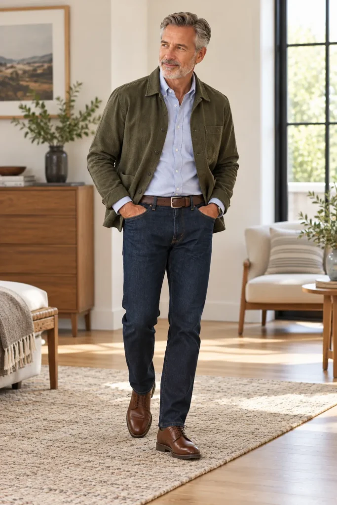 photograph featuring a 58-year-old man with short salt-and-pepper hair and a neatly trimmed beard trying one new style detail while keeping the rest of his outfit simple