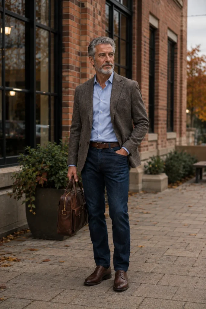 photograph of a 59-year-old man with a distinctive elongated face, short thick salt-and-pepper hair, neatly trimmed full gray beard, blue eyes, tall average build, and completely unique facial structure