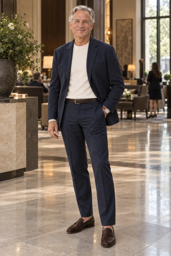 photograph of a distinguished 63-year-old man with silver-grey hair wearing an unstructured deep navy two-piece suit with soft shoulders