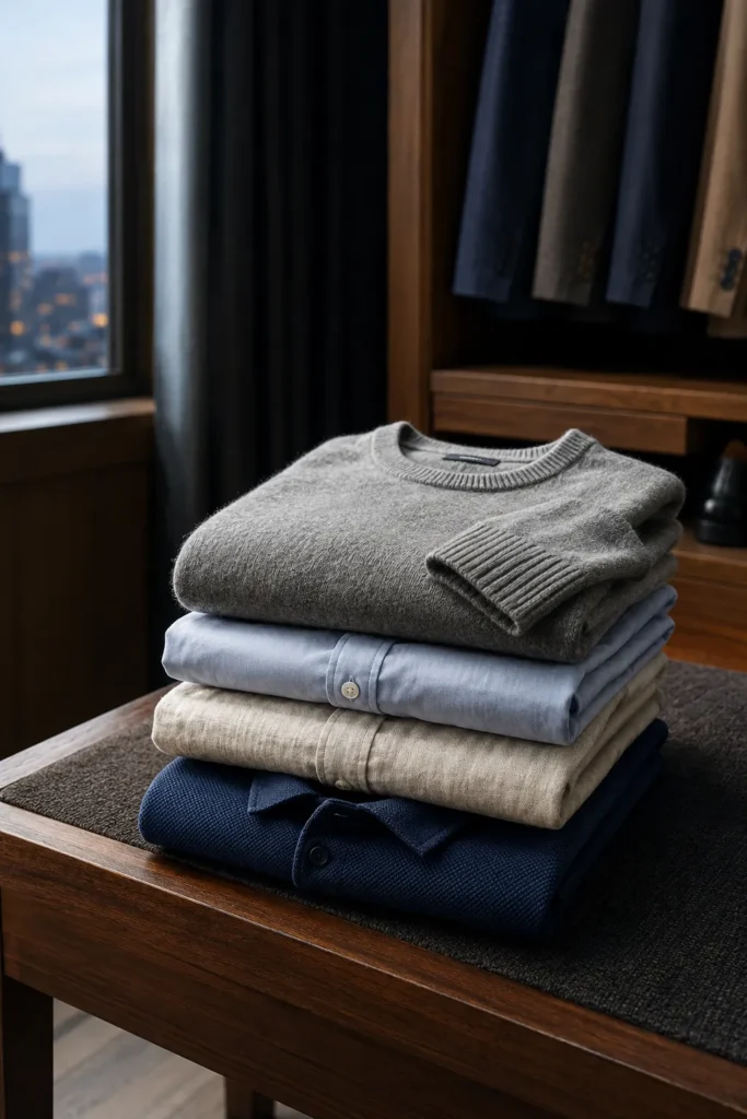 photo representing quality clothing fabrics for mature men's style. A folded wool sweater