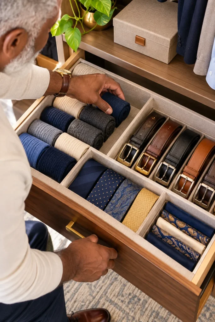 photograph of an open wardrobe drawer with simple fabric dividers
