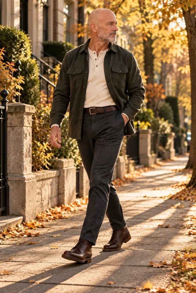 photograph of a distinguished 61-year-old bald man with a short neatly trimmed gray beard wearing a dark olive overshirt over a cream henley