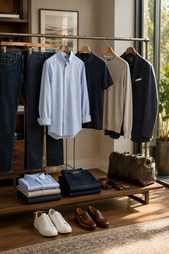 photo representing different smart-casual outfit choices for men over 50. A tasteful clothing rack displays dark blue jeans