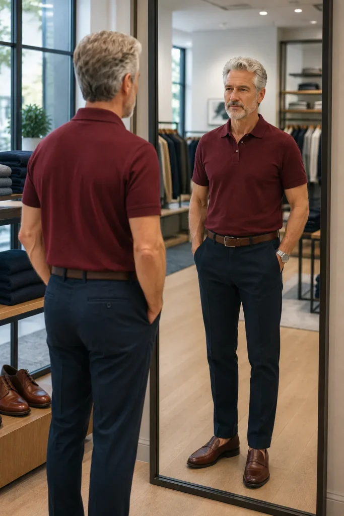photo of a confident 61-year-old man with short silver-gray hair and a neatly trimmed beard wearing a muted burgundy polo shirt