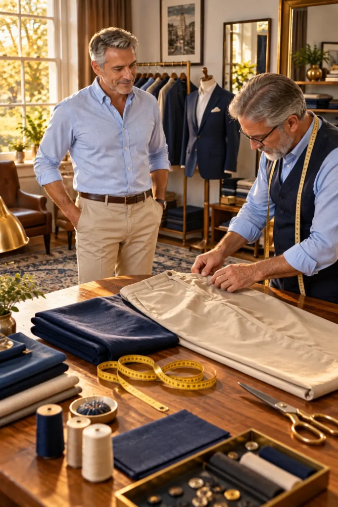 photo representing clothing alterations for a mature man. The scene features a pair of beige men's trousers