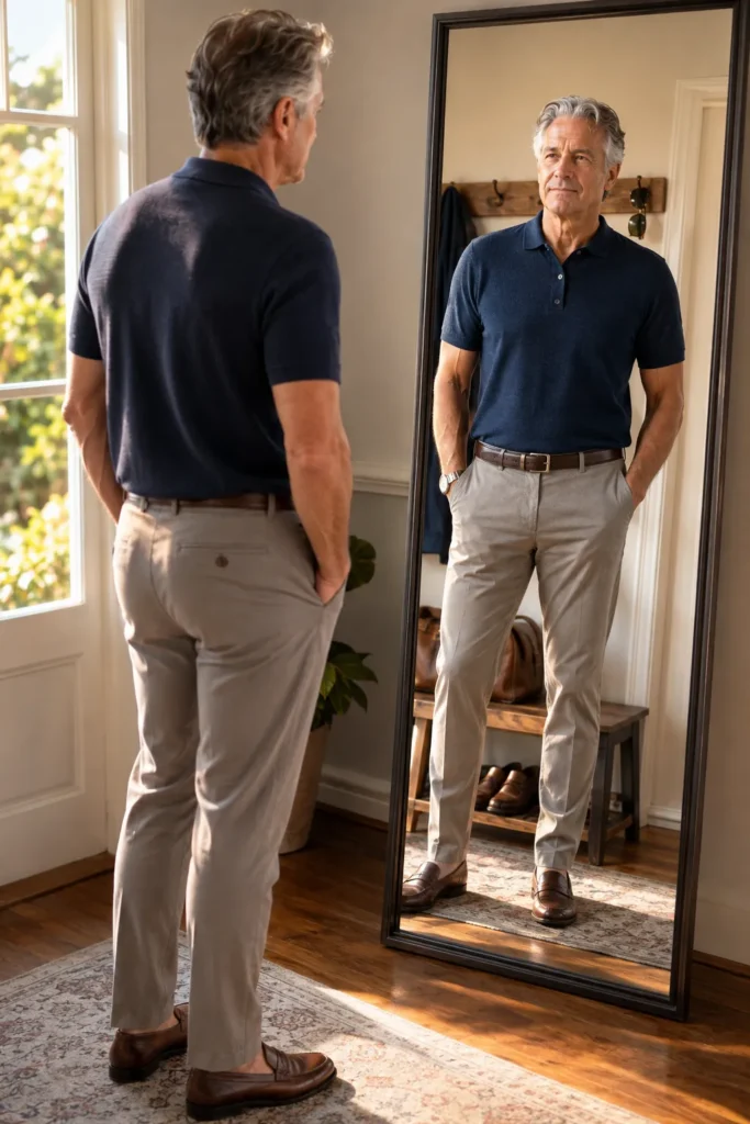 photo representing a mature man doing a final outfit check before leaving home