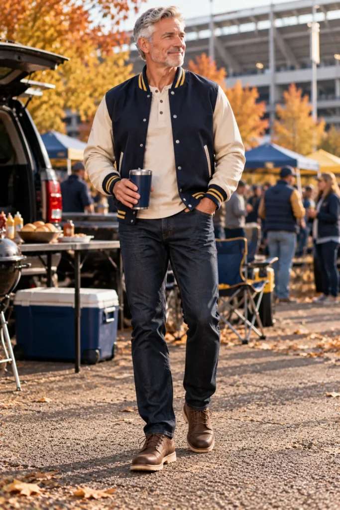 photograph of a 56-year-old man with short gray hair wearing a navy team hoodie with small gold accents over a visible light gray T-shirt,