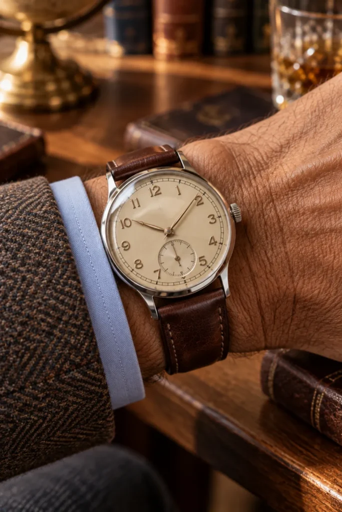 close-up photograph of a vintage-inspired wristwatch, with the watch clearly dominating the composition