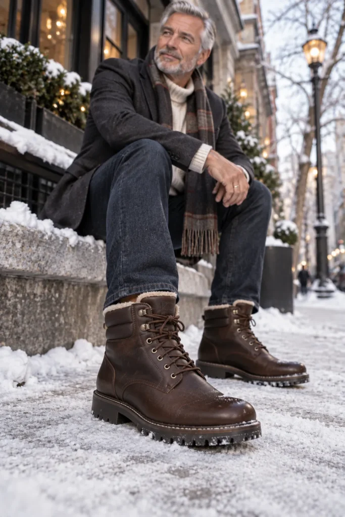 photograph with warm dark brown winter boots as the central subject