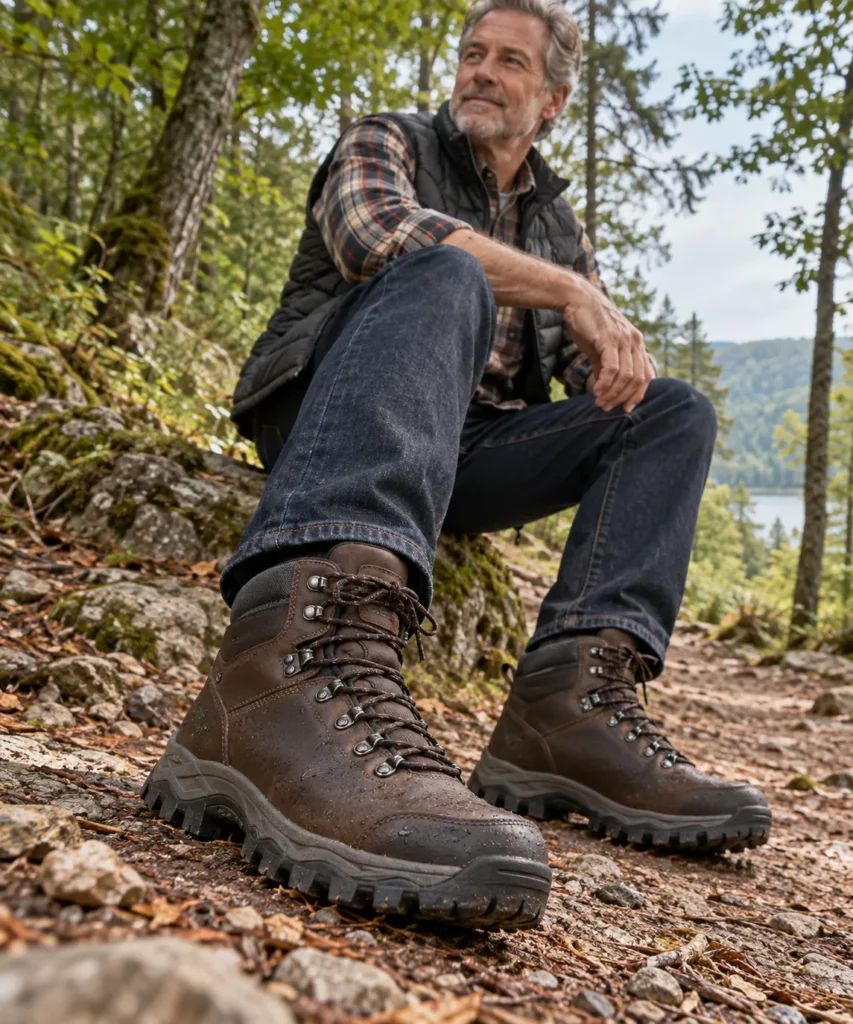 photograph with dark brown waterproof hiking boots as the dominant focal point