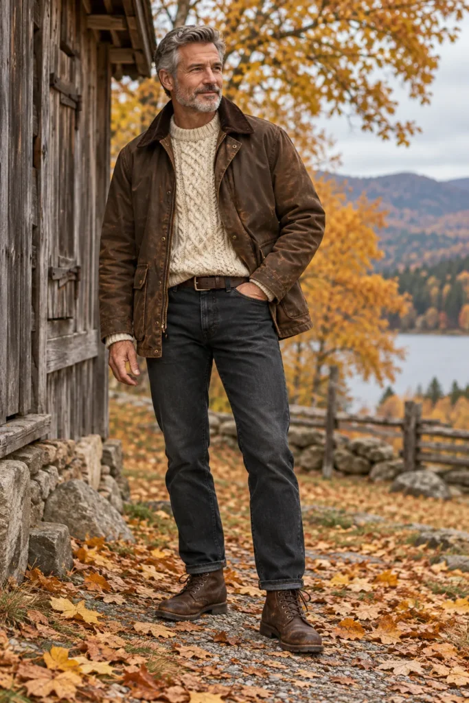 photograph featuring a stylish 58-year-old man with short salt-and-pepper hair and a neatly trimmed gray beard