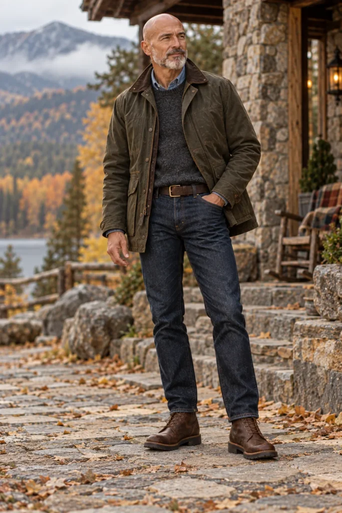 photograph featuring a sophisticated rugged 60-year-old bald man with a neatly trimmed grey beard