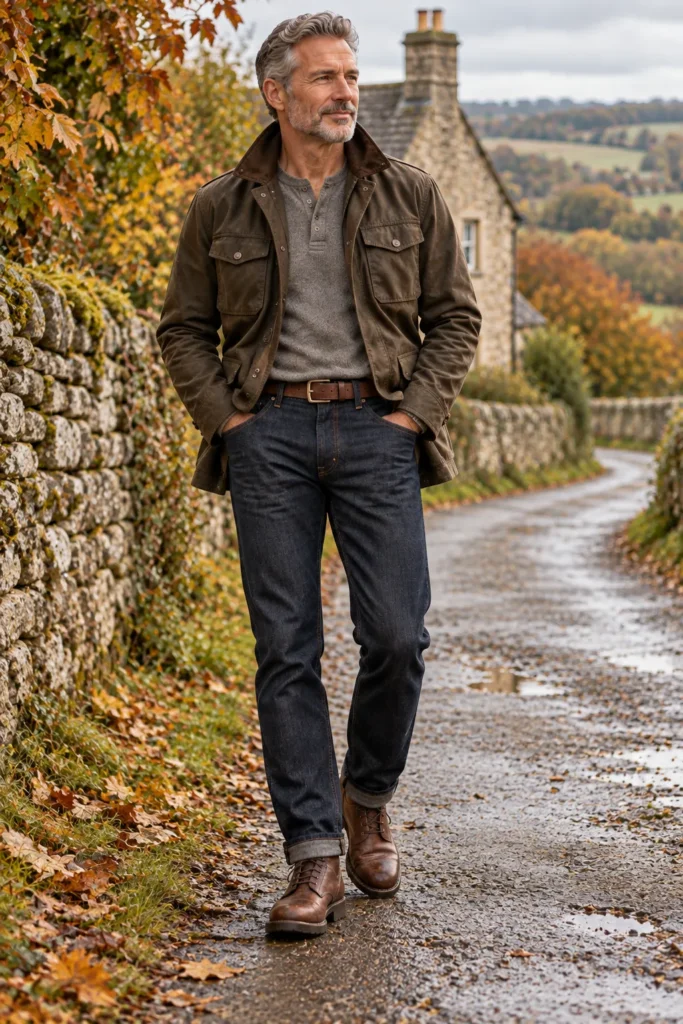 Waxed Field Jacket With a Gray Henley and Dark Denim
