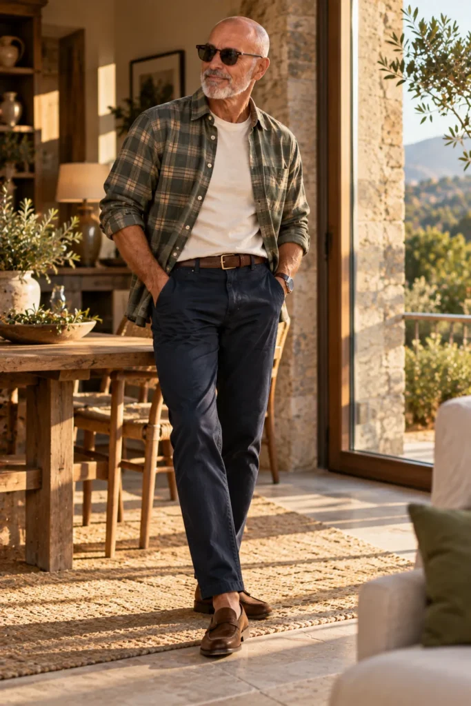 photograph of a stylish 59-year-old bald man with a neatly trimmed gray beard putting on a muted olive plaid flannel shirt over a plain cream crew-neck T-shirt.