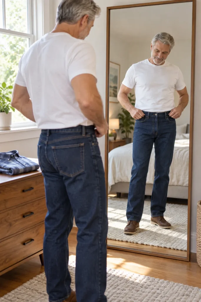 photo of a stylish 60-year-old man checking the fit of straight-leg dark blue jeans in a full-length bedroom mirror