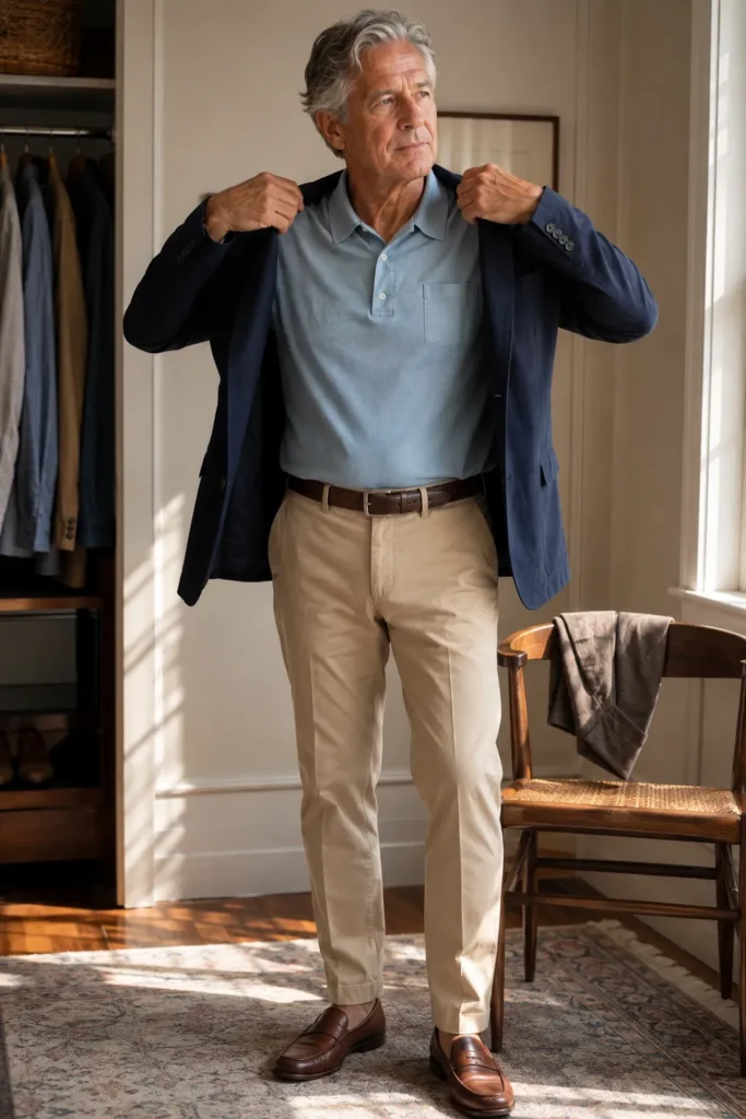photo of a confident 62-year-old man putting on a navy unstructured blazer over a light blue polo shirt