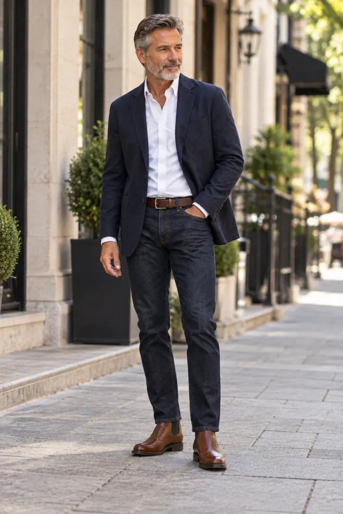 photograph featuring a confident 59-year-old man with short salt-and-pepper hair and a neatly trimmed beard standing naturally on a quiet city street. 