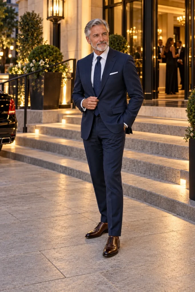 photorealistic men's fashion editorial showing a distinguished 62-year-old man with short silver hair and a neatly trimmed beard arriving at an elegant evening event venue