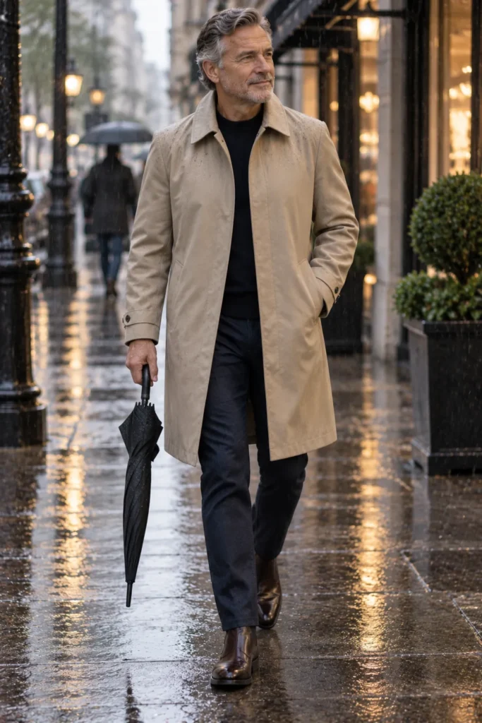 photograph of a mature man around 58 wearing a clean stone-colored weatherproof mac coat over a dark merino sweater