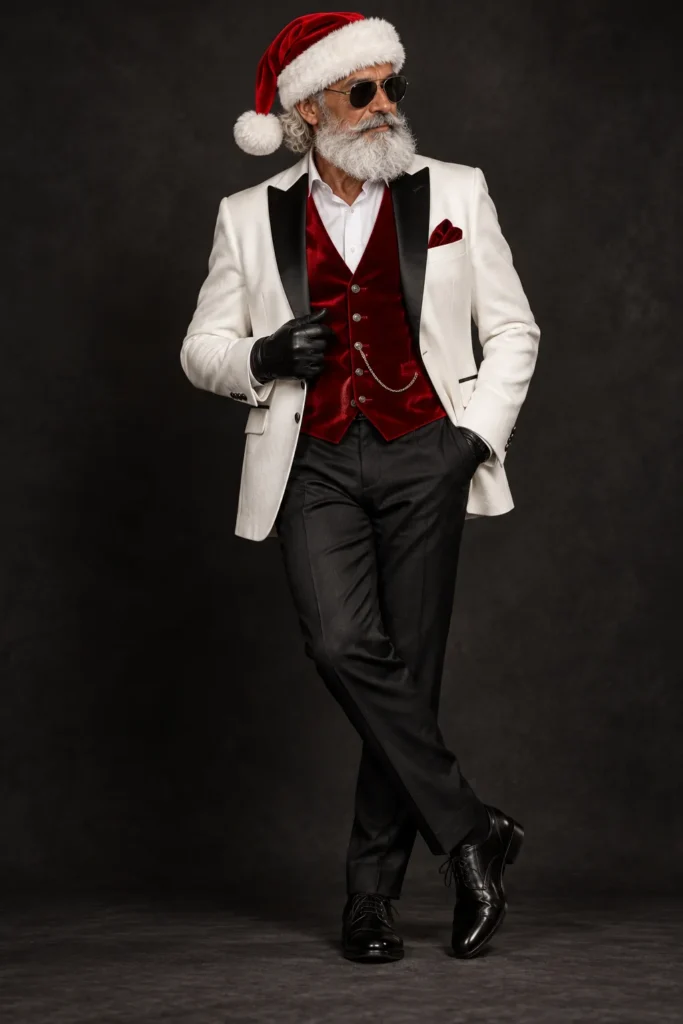 White Blazer with Red Waistcoat and Santa Hat
