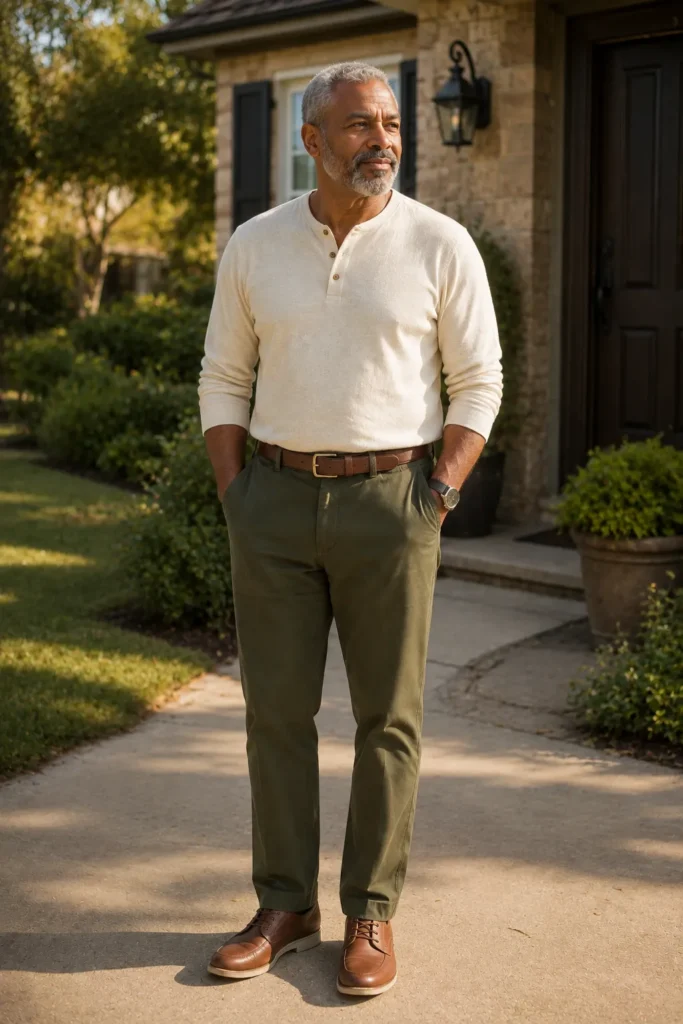 White Henley With Olive Trousers