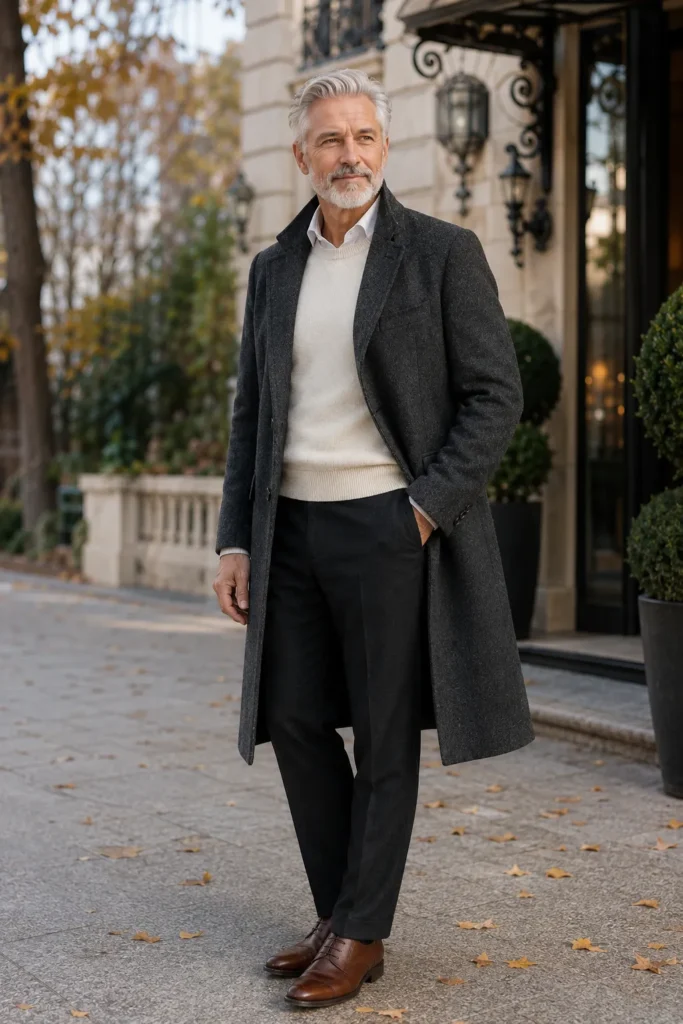 photograph featuring a distinguished 57-year-old mature man with short salt-and-pepper hair and neatly trimmed beard