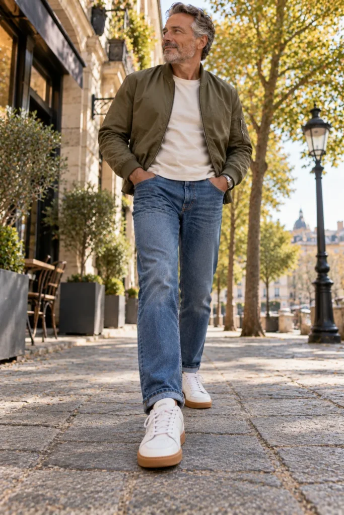 photograph featuring a mature man around 58 wearing white leather sneakers with warm gum rubber soles